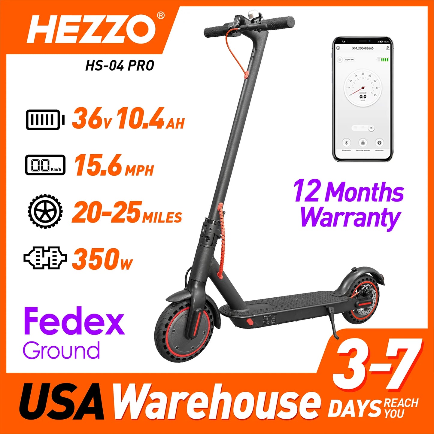 HEZZO Electric Scooter for Adult 36v 350W 10.4Ah HS-04Pro 8.5" Self-balance 15.6MPH Folding Kick Escooter Smart App