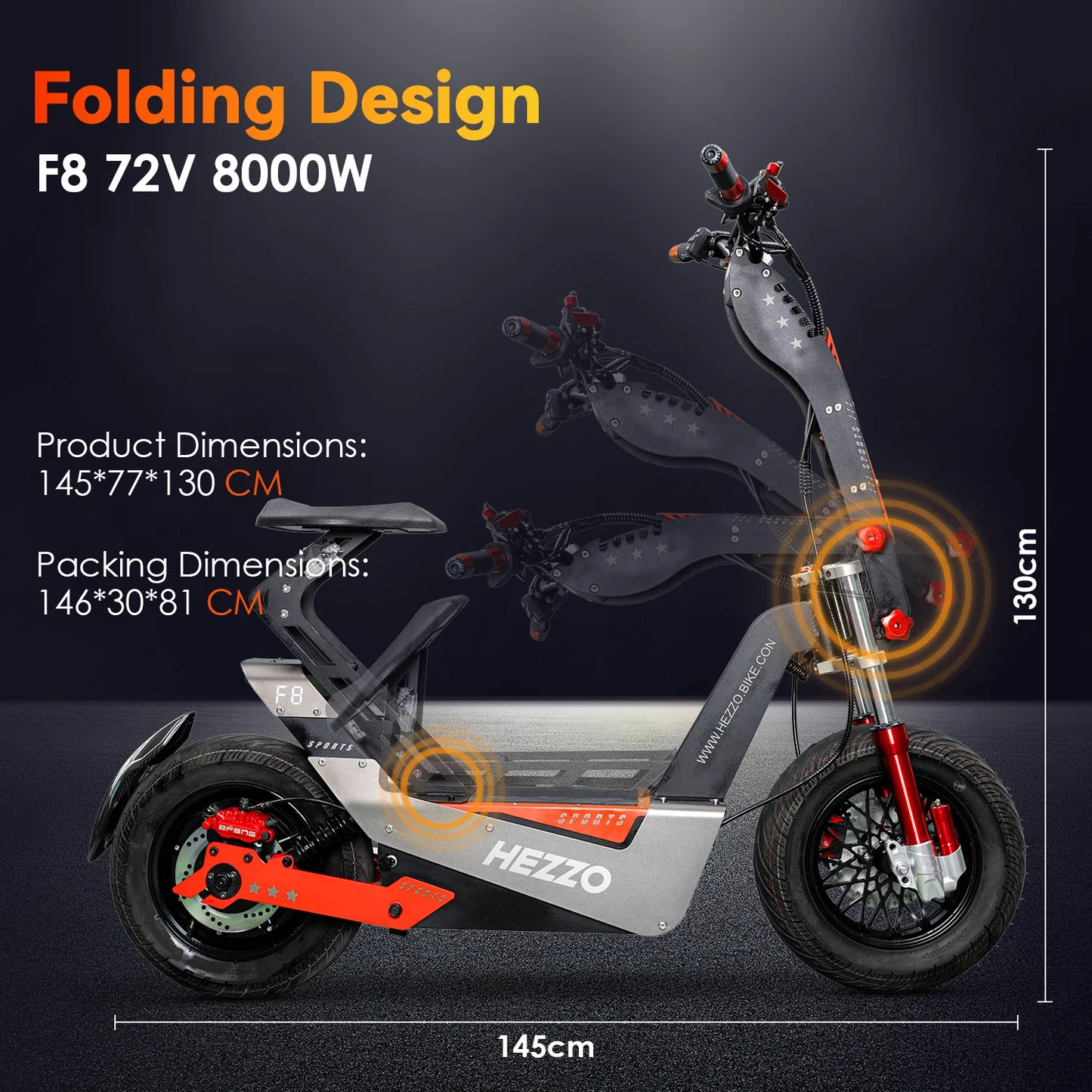 HEZZO F8 Electric Scooter 72v 8000W 100Km/h 50Ah Long Range Off Road Escooter 16Inch Foldable Motorbike With Seat