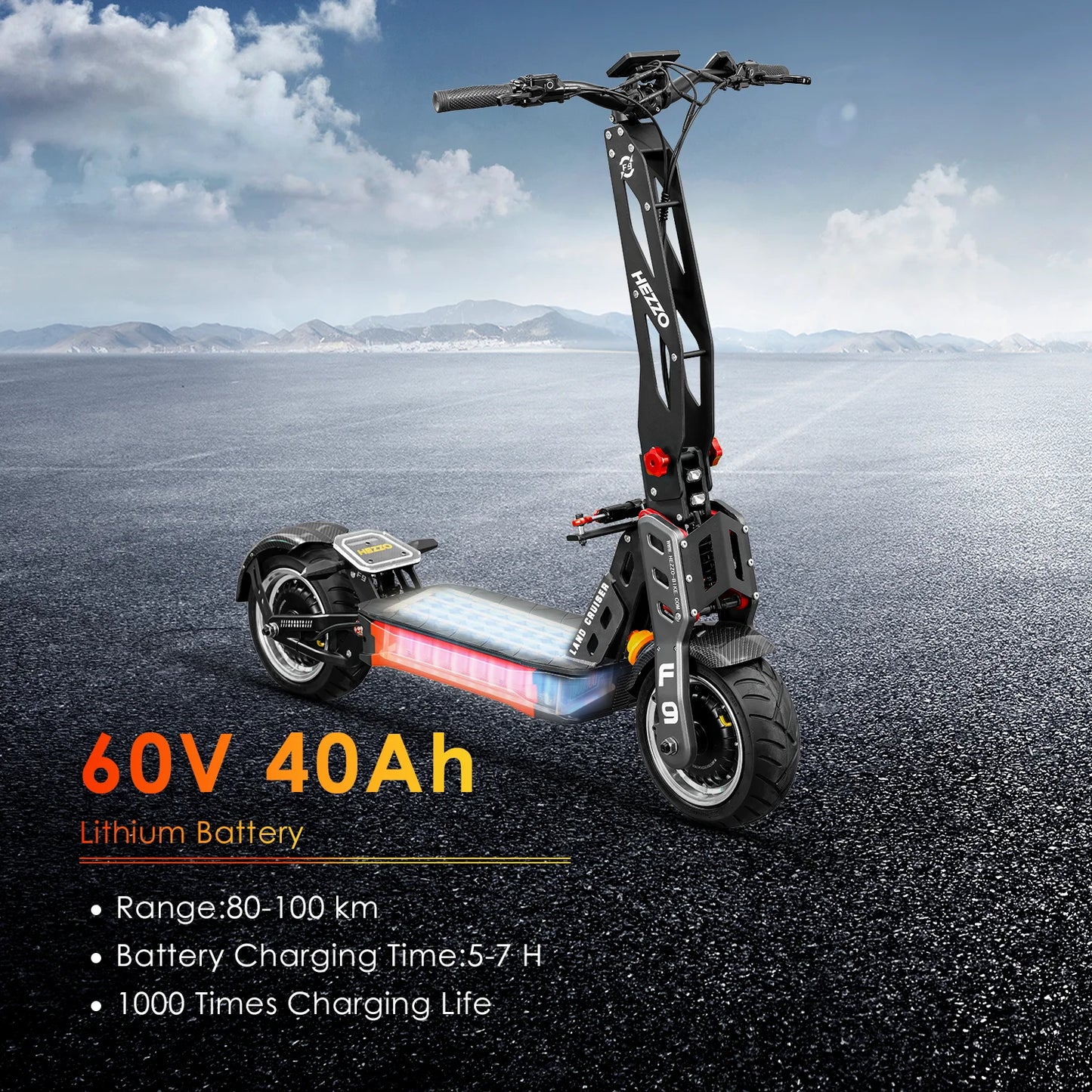 HEZZO 60v 8000w Electric off-road F9 40ah Lithium Battery dual motor NFC Escooter Fat Tire 100km/h LCD