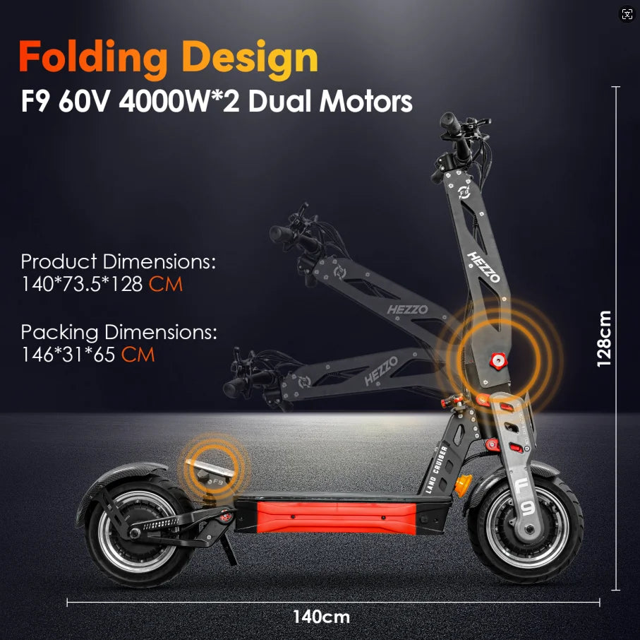 HEZZO 60v 8000w Electric off-road F9 40ah Lithium Battery dual motor NFC Escooter Fat Tire 100km/h LCD