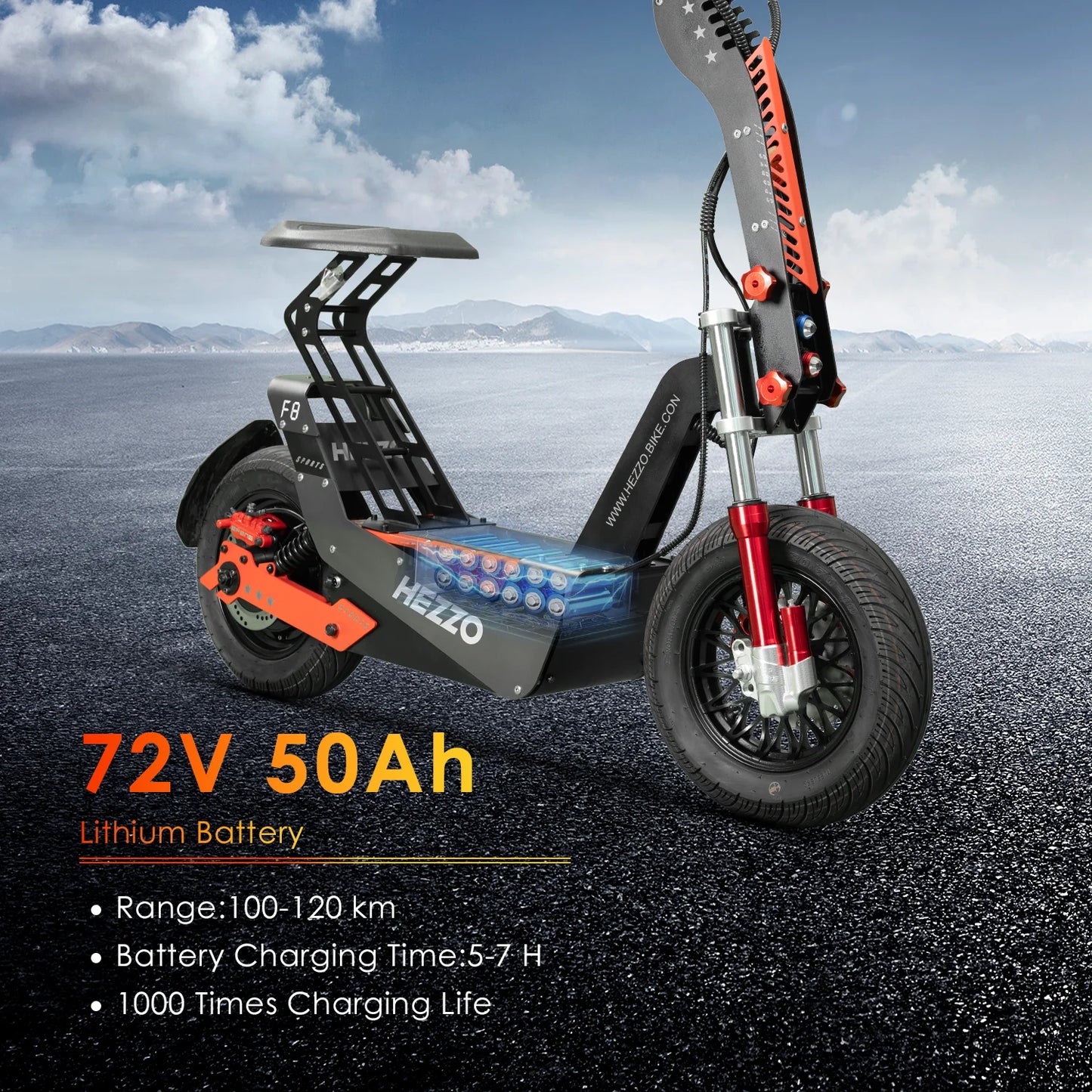 HEZZO F8 Electric Scooter 72v 8000W 100Km/h 50Ah Long Range Off Road Escooter 16Inch Foldable Motorbike With Seat