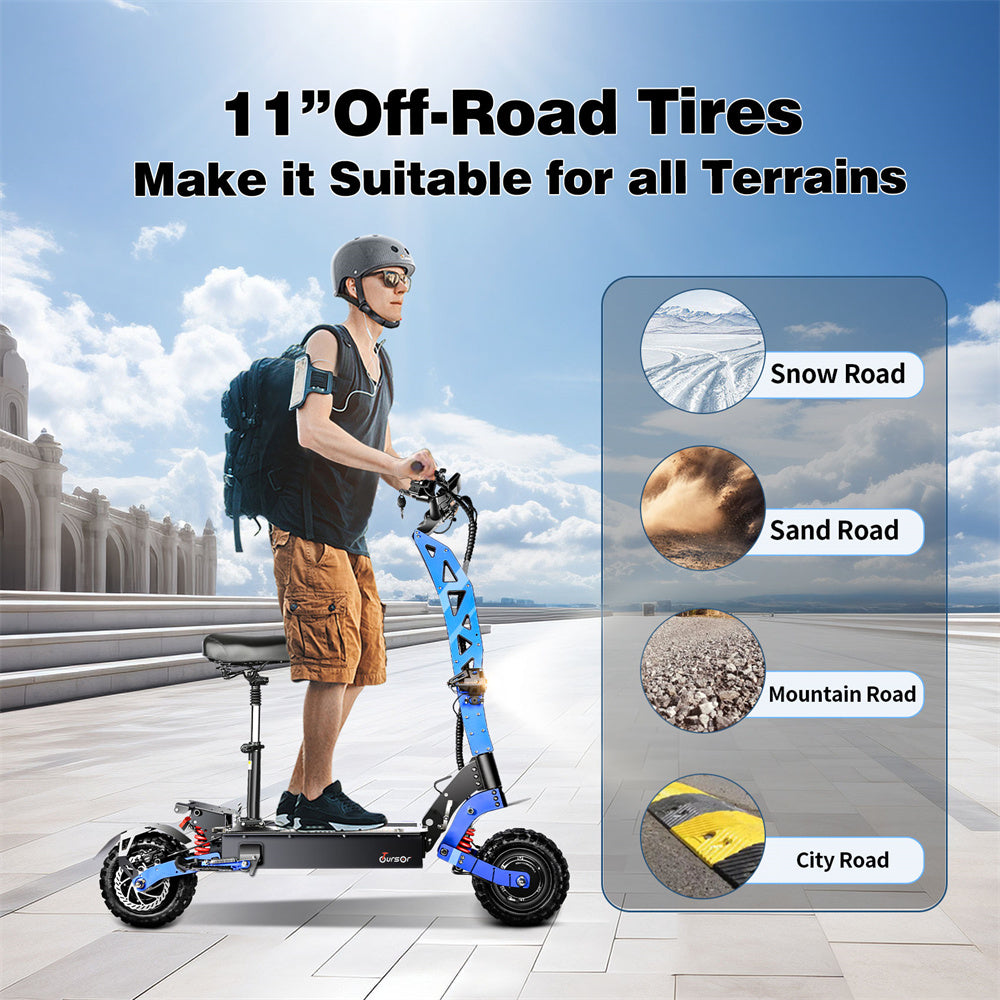 TOURSOR E8P Electric Scooter 60V 35AH Battery 3000W*2 Dual Motors 11inch Off-Road Tires 120KM Max Mileage 150KG Max Load Folding E-Scooter Black/Blue