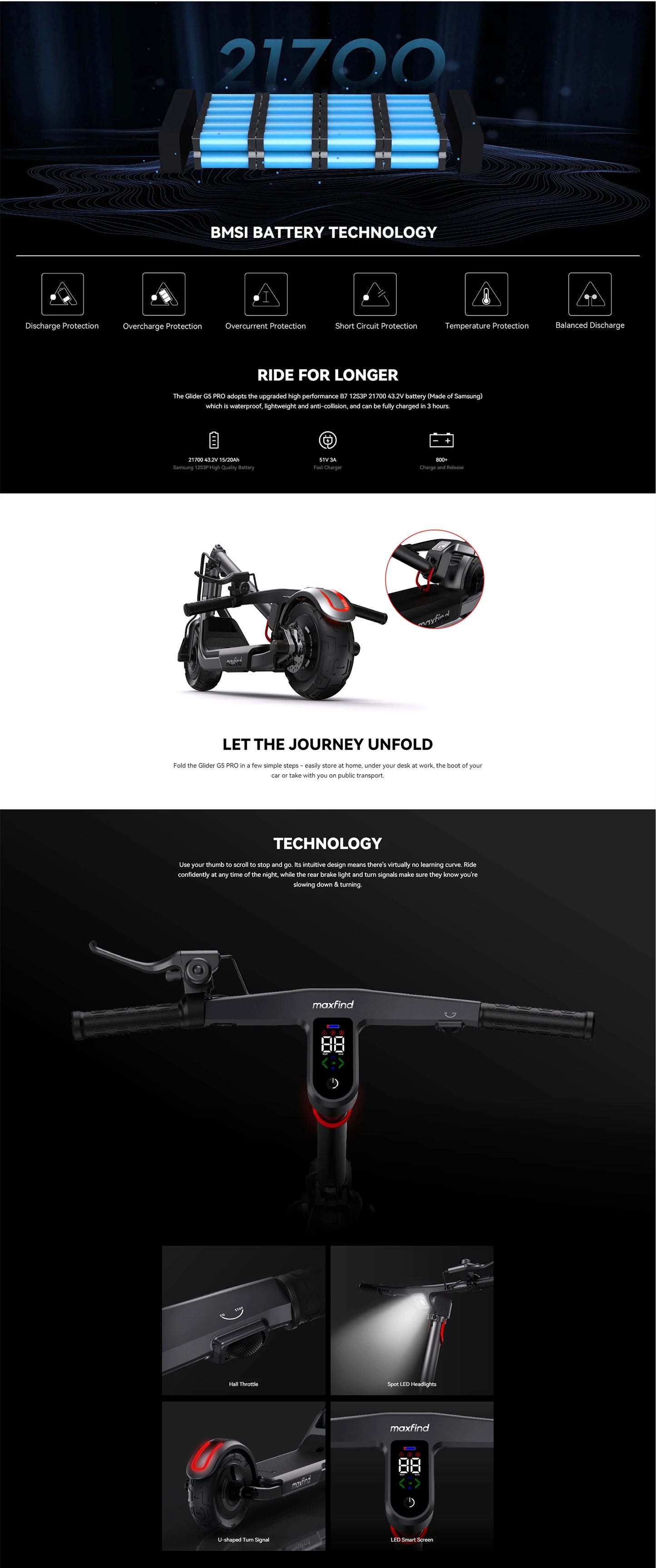 Maxfind G5 PRO Electric Scooter 43.2V 15AH Samsung Battery 750W*2 Dual Motors 10inch Tires 60KM Max Mileage 120KG Max Load Folding E-Scooter Black