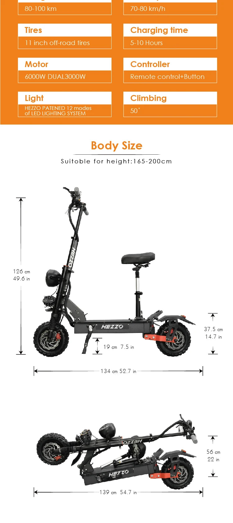 HEZZO 60V 6000W 45Ah NFC Electric Scooter Dual Motors Escooter Powerful Off Road Folding Moped Scooter