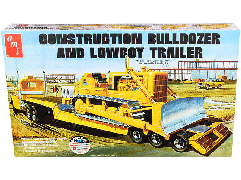 Construction Bulldozer and Lowboy Trailer Set of 2 pieces 1/25 Scale Plastic Model Kit by AMT