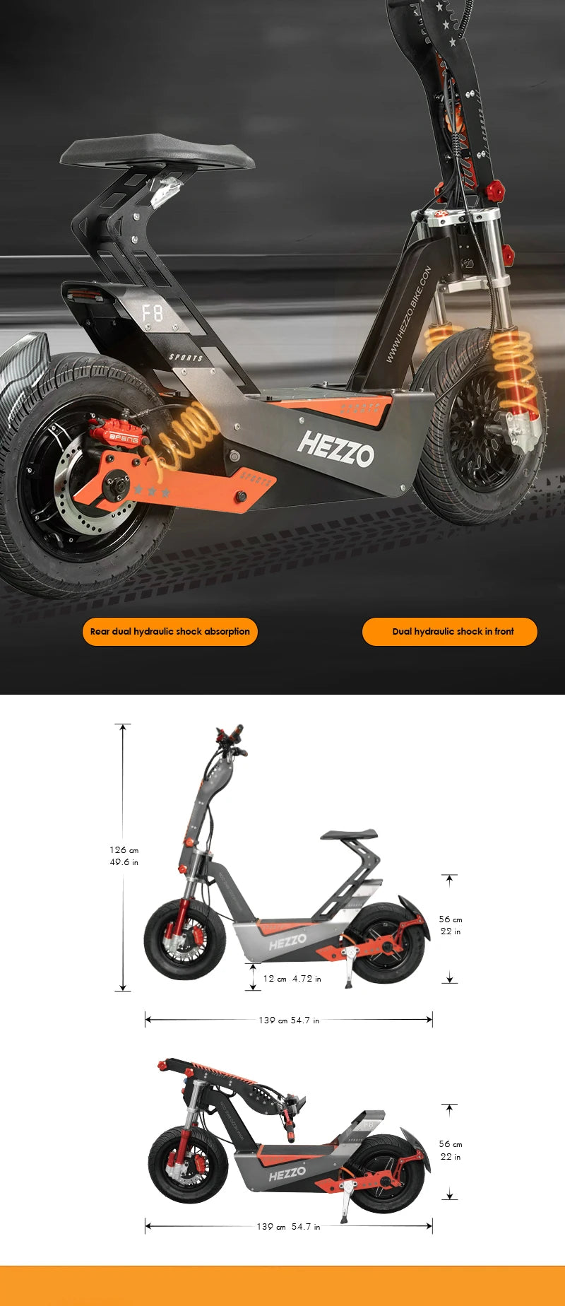 HEZZO F8 Electric Scooter 72v 8000W 100Km/h 50Ah Long Range Off Road Escooter 16Inch Foldable Motorbike With Seat