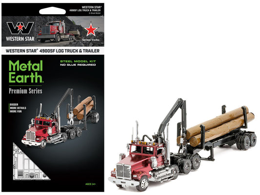 Western Star 4900 Log Truck and Trailer Red Metallic (Challenging Difficulty) Steel Model Kit by Metal Earth