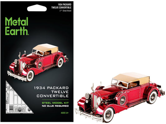 1934 Packard Twelve Convertible Red with Tan Soft Top (Moderate Difficulty) Steel Model kit by Metal Earth