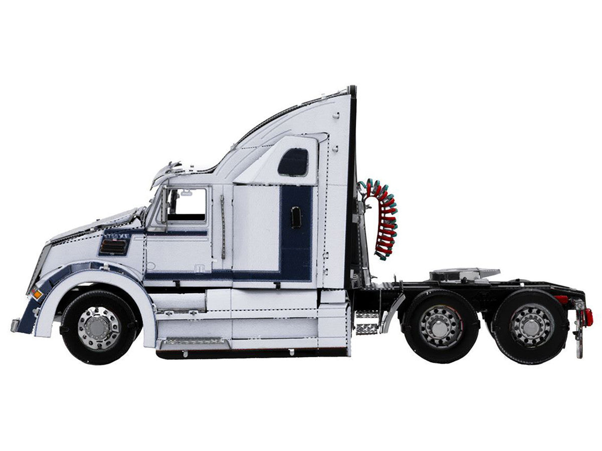 Western Star 5700XE Phantom Truck White with Blue Stripes (Challenging Difficulty) Steel Model Kit by Metal Earth