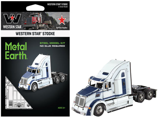 Western Star 5700XE Phantom Truck White with Blue Stripes (Challenging Difficulty) Steel Model Kit by Metal Earth