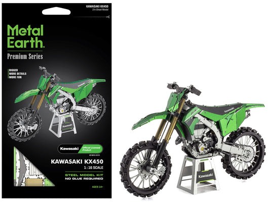 Kawasaki KX450 Off-Road Motorcycle Green (Challenging Difficulty) Steel Model Kit by Metal Earth