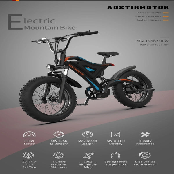 AOSTIRMOTOR S18-MINI New style Electric Bicycle 500W Motor 26" Fat Tire With 48V/15Ah Li-Battery Black