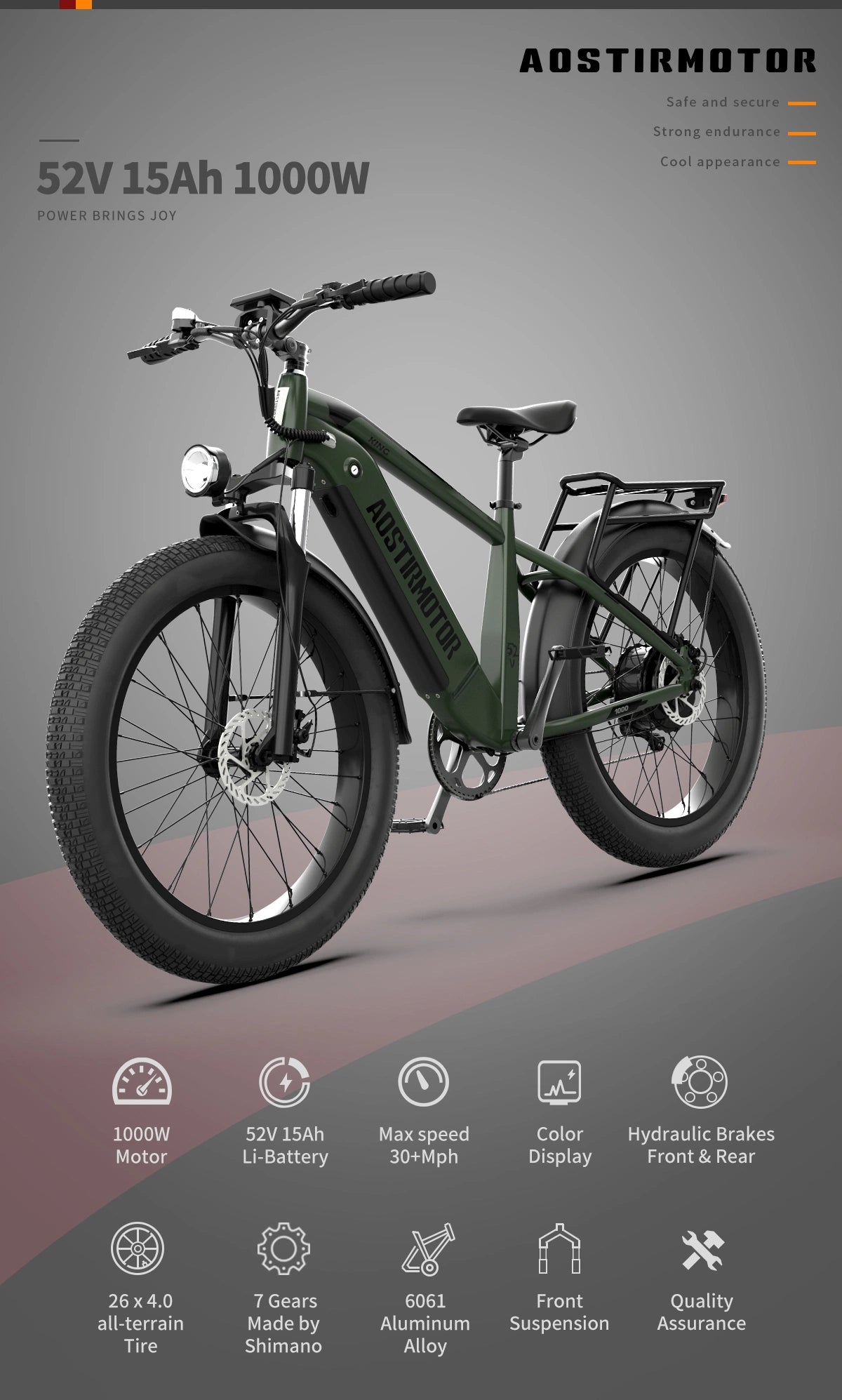 AOSTIRMOTOR new pattern 26" 1000W Electric Bike Fat Tire 52V 15AH Removable Lithium Battery for Adults Dark Green