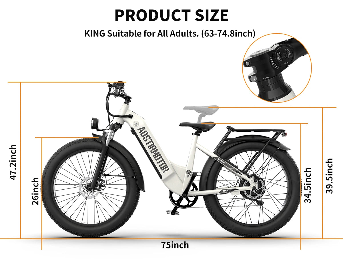 AOSTIRMOTOR  26" 1000W Electric Bike Fat Tire 52V15AH Removable Lithium Battery for Adults(White)