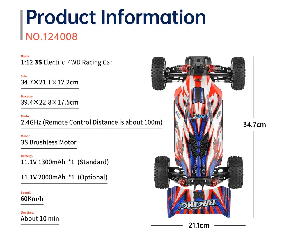 Wltoys 124008 RTR 1/12 Scale 2.4G 4WD 3S Brushless RC Buggy 60km/h Off-Road Climbing High Speed Full Proportional Vehicle Model