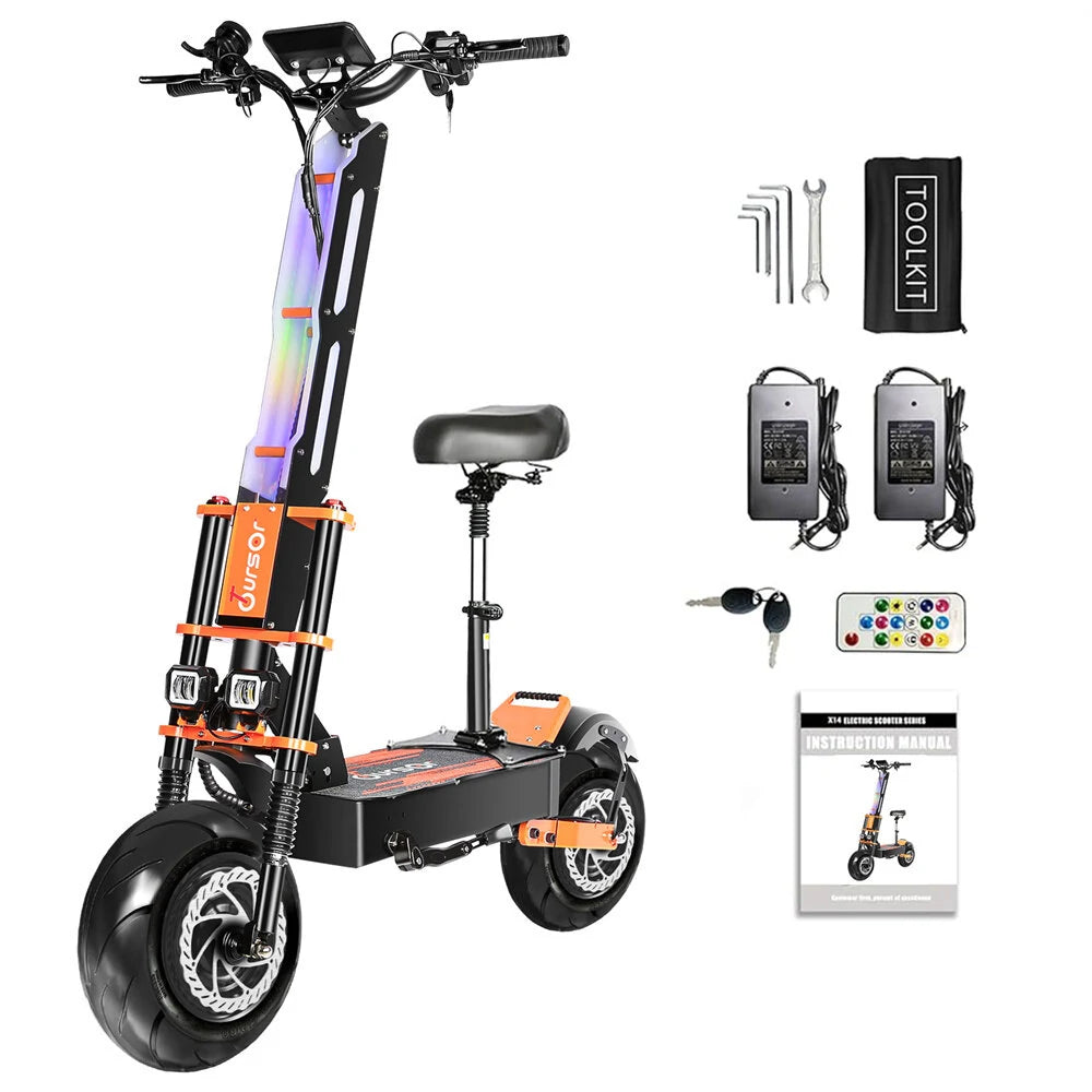 TOURSOR X8P Electric Scooter 60V 38.8AH Battery 4000W*2 Dual Motors 14inch Off-Road Tires 110KM Max Mileage 200KG Max Load Folding E-Scooter Black/Orange