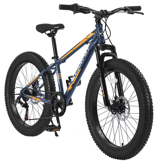 24 Inch Fat Tire Bike Adult/Youth Full Shimano 7 Speeds Mountain Bike, Dual Disc Brake, High-Carbon Steel Frame, Front Suspension, Mountain Trail Bike, Urban Commuter City Bicycle