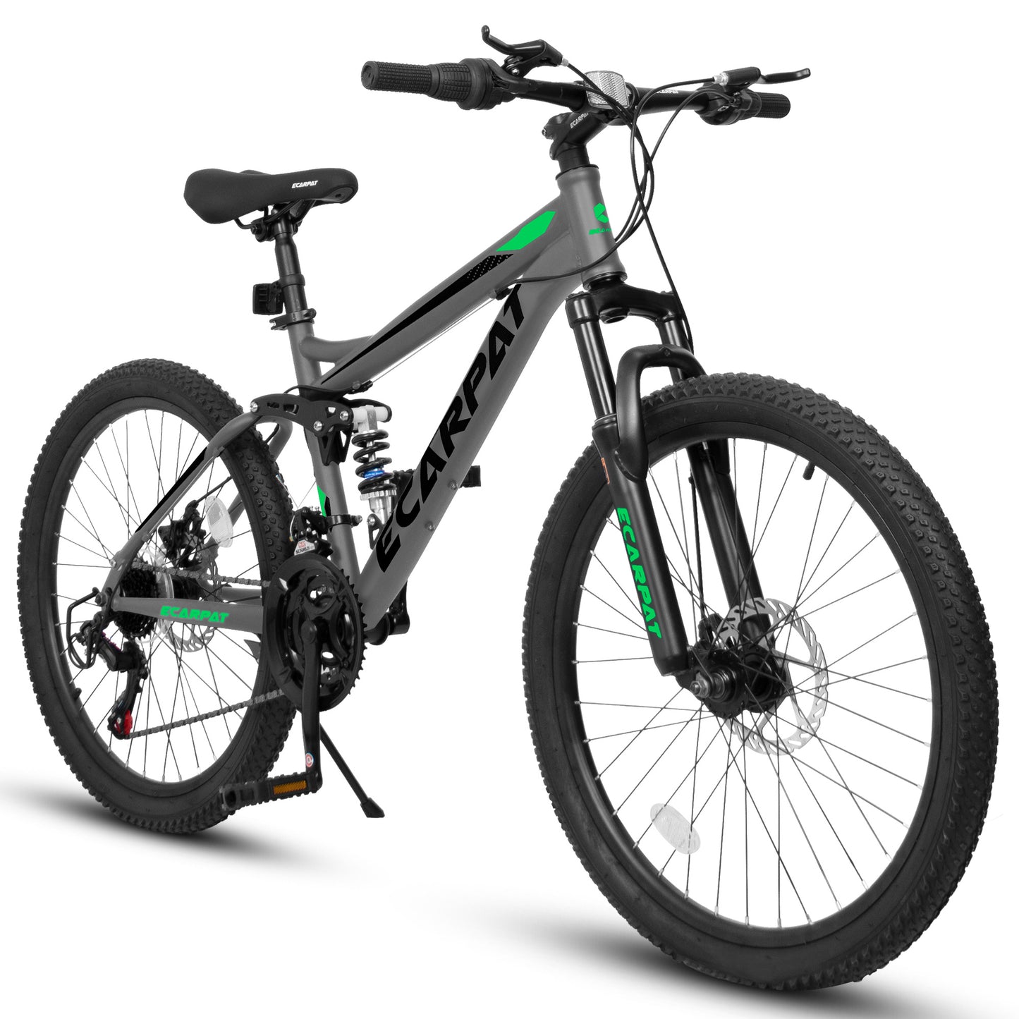 Ecarpat Mountain Bike 24 Inch Wheels, 21-Speed Full Suspension Trail Commuter City Mountain Bike, Carbon Steel Frame Disc Brakes Grip Shifter Front Fork Rear Shock Absorber