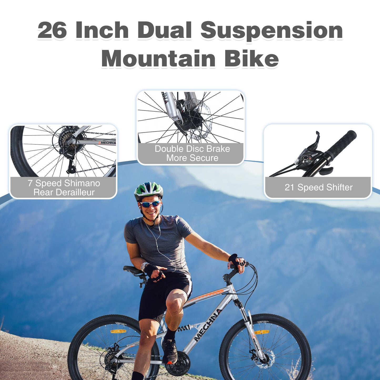 26 inch Mountain Bike 21-Speed Dual Suspension Aluminum Alloy Frame MTB Bike Grey