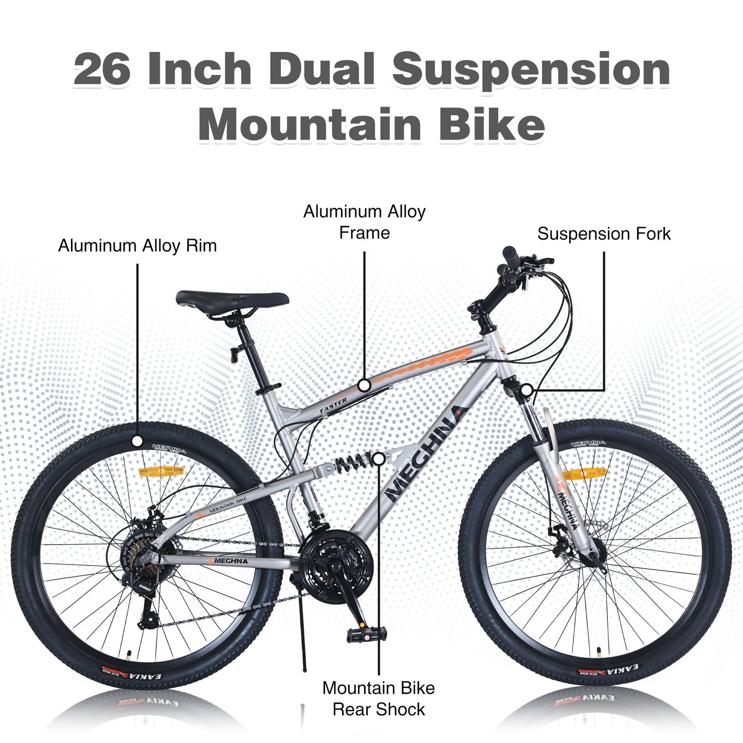 26 inch Mountain Bike 21-Speed Dual Suspension Aluminum Alloy Frame MTB Bike Grey