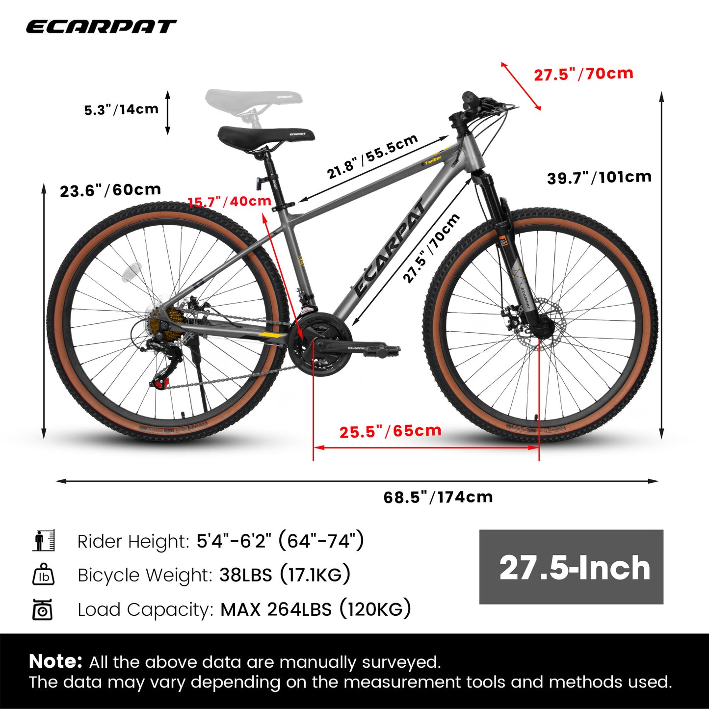 Ecarpat A27312 27 Inch Wheels, 21-Speed Trail Commuter City Mountain Bike, Aluminium Frame Disc Brakes Thumb Shifter Front Fork Gray