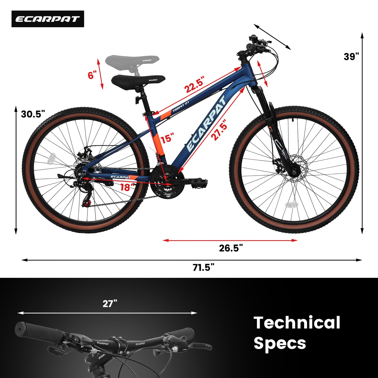 ECARPAT A27302 27-inch wheel mountain bike, 21-speed disc brake trigger transmission, aluminum frame unisex mountain bike