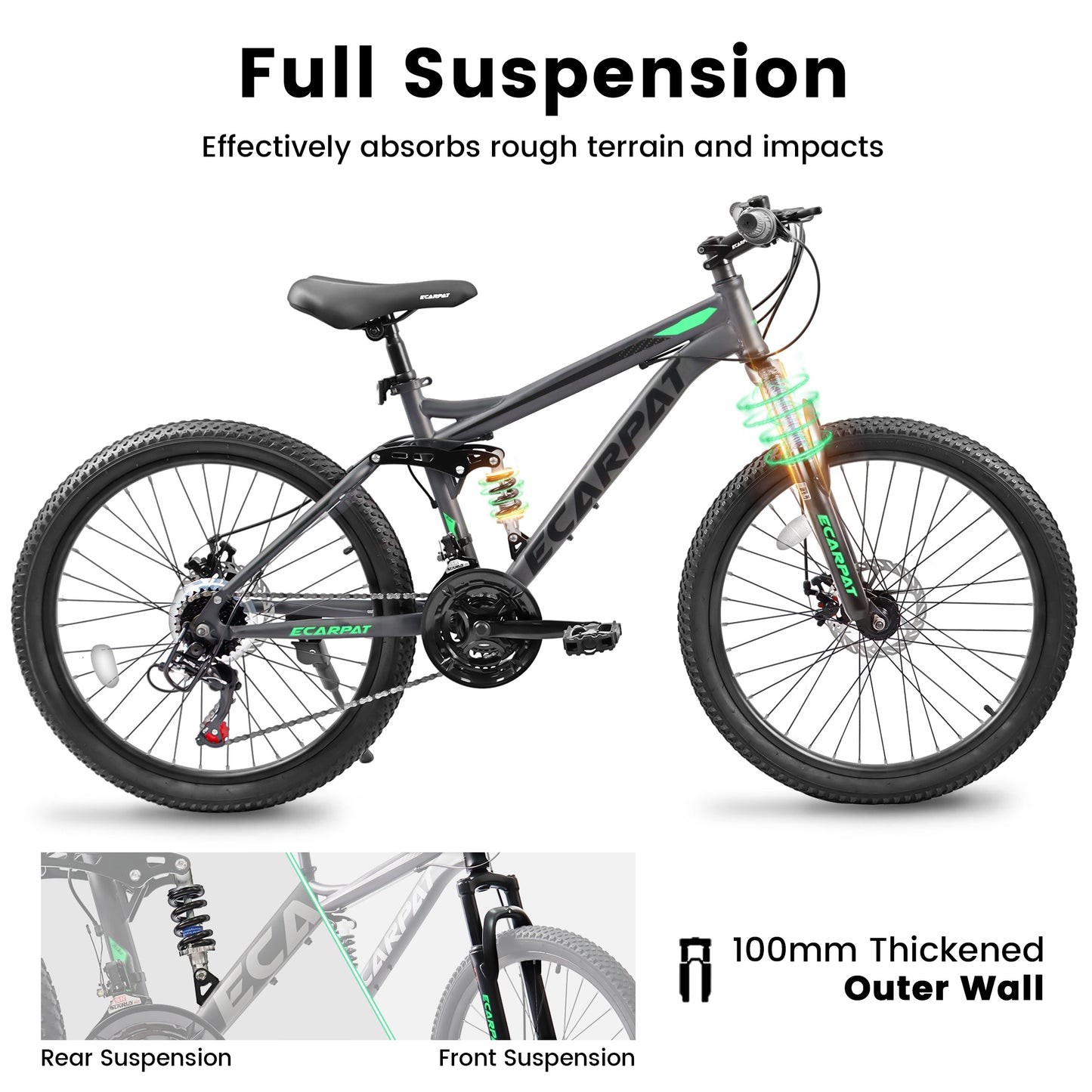 Ecarpat Mountain Bike 24 Inch Wheels, 21-Speed Full Suspension Trail Commuter City Mountain Bike, Carbon Steel Frame Disc Brakes Grip Shifter Front Fork Rear Shock Absorber