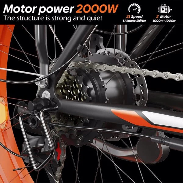 X-ARK Electric Bike 2000W Dual Motor Fat Tire 26x4 Mountain Bike Black & Orange
