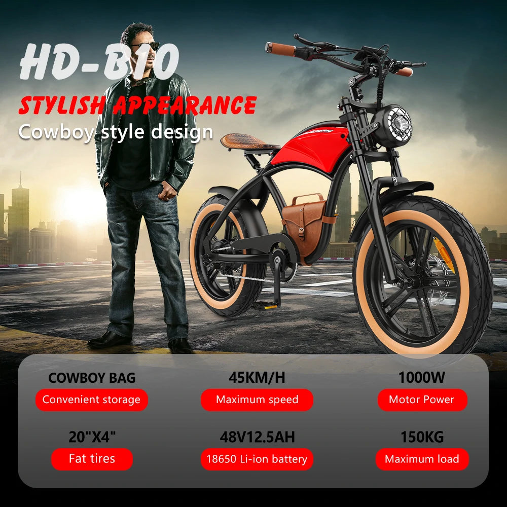 Hidoes HD-B10 Electric Bike 48V 12.5AH Battery 1000W Motor 20inch Tires 20-40KM Max Mileage 150KG Max Load eBike