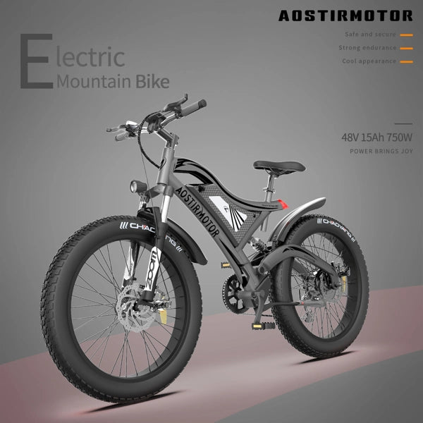 S18 Fat Tire Adults Electric 26 In. Mountain All Terrain E-bike 48V 15AH Battery Black & Gray
