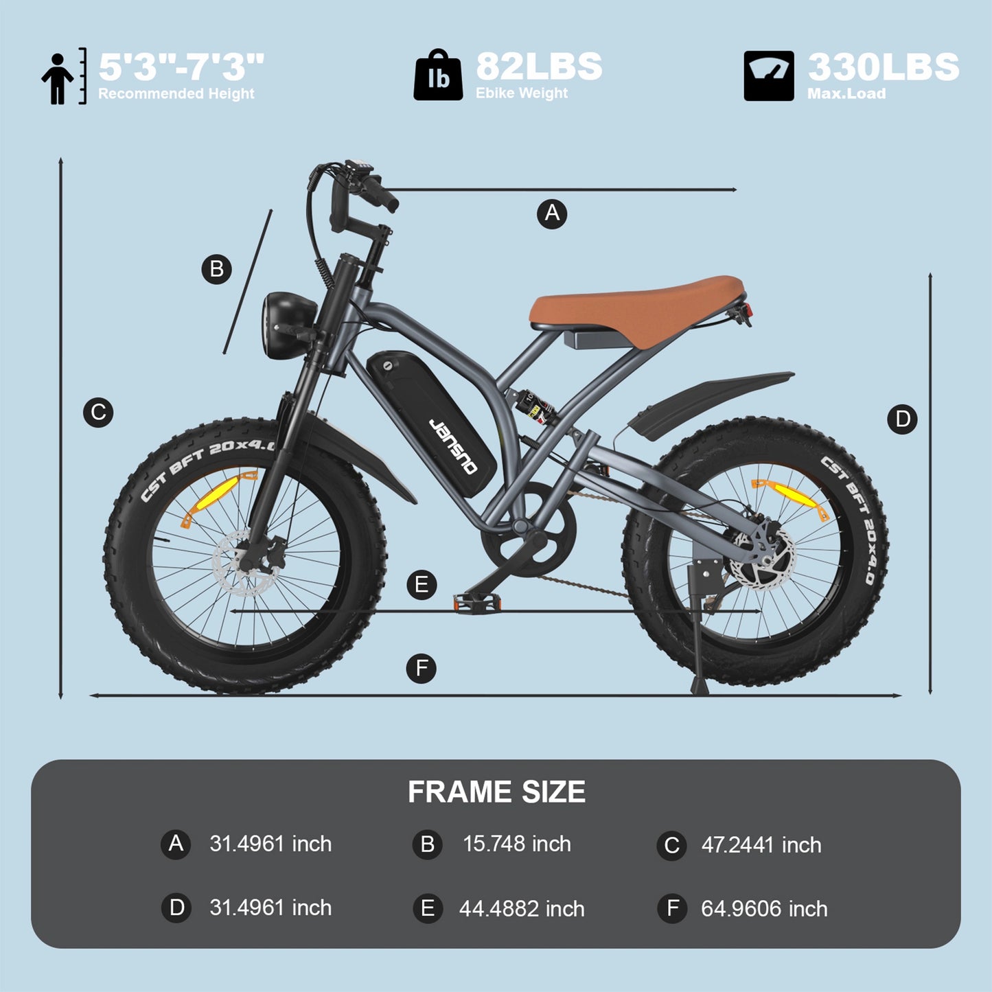 JANSNO Gray Electric Bike 20" x 4.0 Electric Bike with 750W Brushless Motor Long-Lasting 48V 14Ah Removable Battery